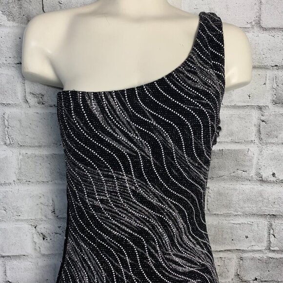 Vintage 90s Y2K One Shoulder Asymmetric High Low Hem Metallic Maxi Dress - Picture 2 of 16